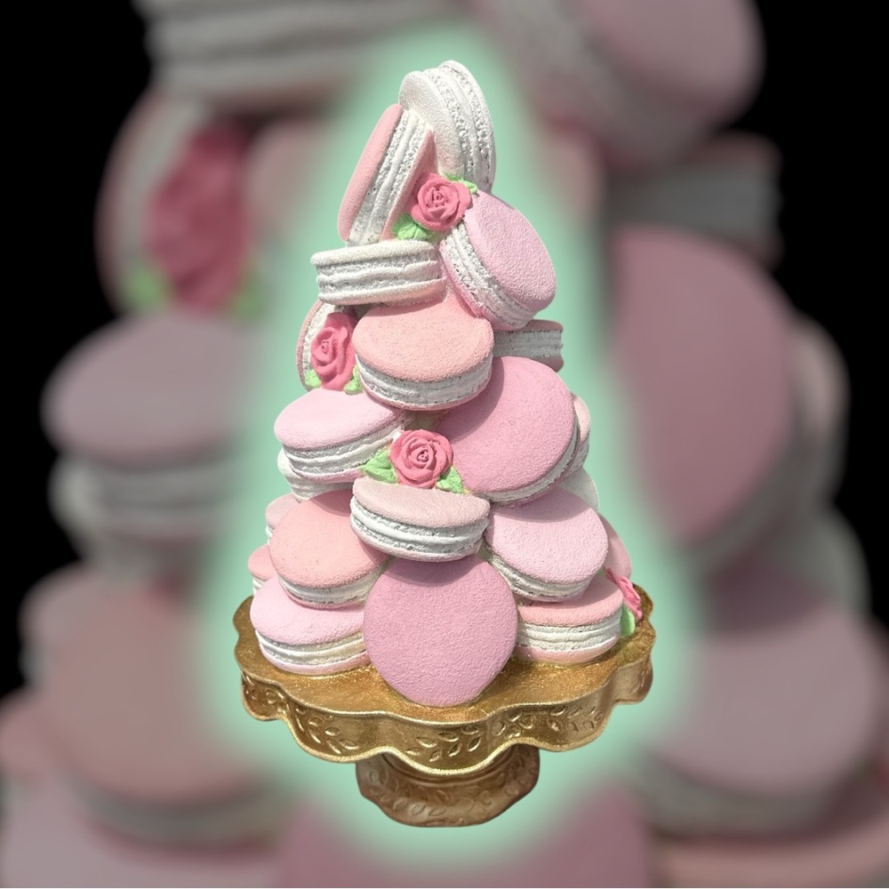 Pink and White Macaron Tower on Gold Stand